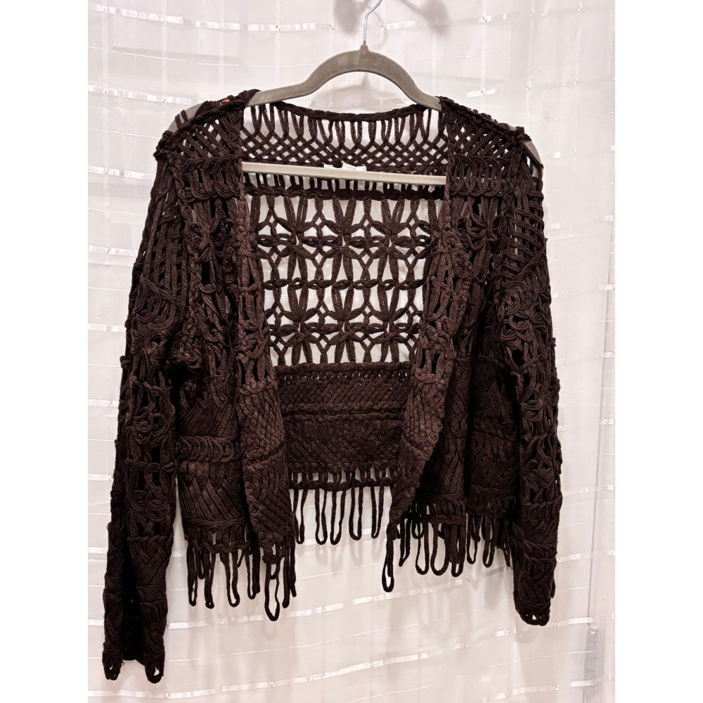 Cato Brown Open Knit Crochet Fringe Cardigan Small Boho Macrame Layering Top